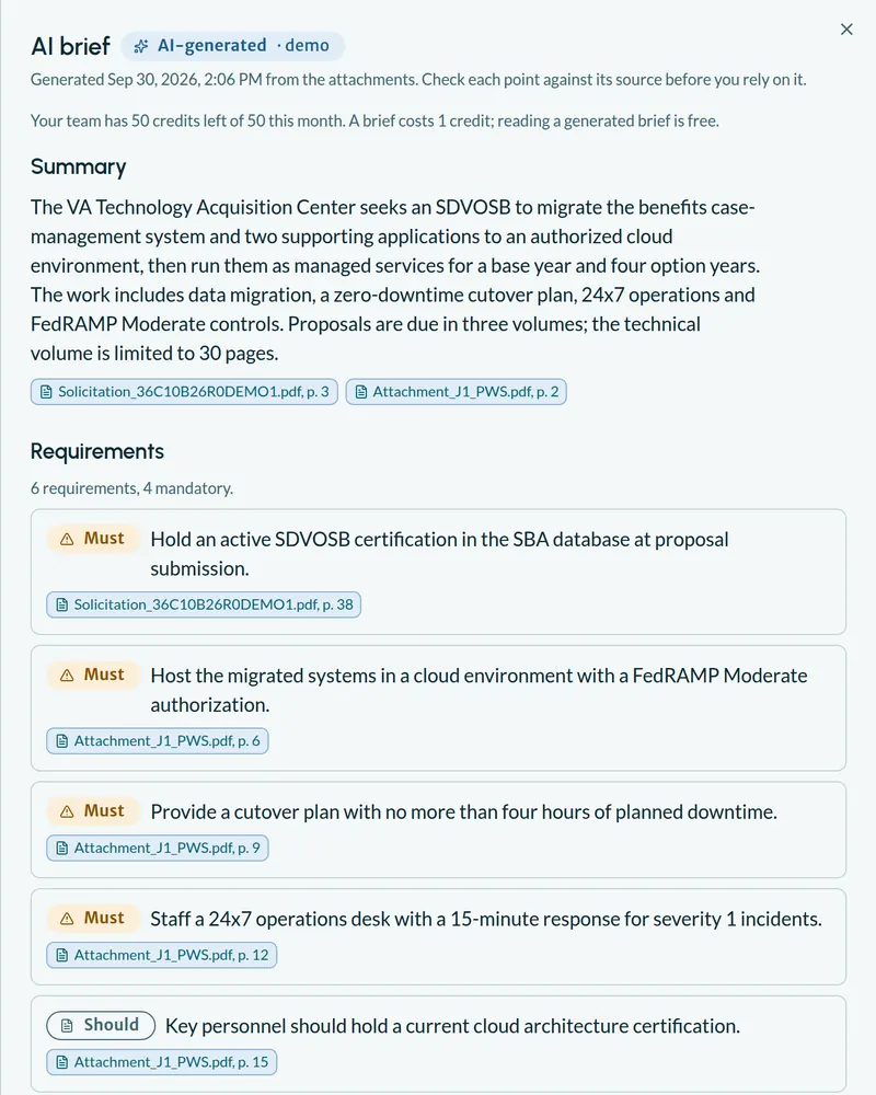 An AI Brief for a VA cloud migration solicitation: a summary, then requirements marked Must or Should, each citing an attachment and page.