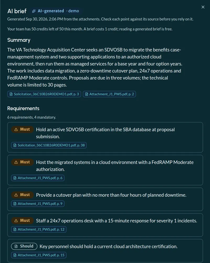 An AI Brief for a VA cloud migration solicitation: a summary, then requirements marked Must or Should, each citing an attachment and page.