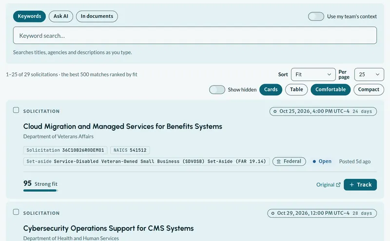 Tracbi Discover: solicitations from SAM.gov and state and local portals ranked by Fit, led by a VA cloud migration notice scoring 95, Strong fit, with its solicitation number, NAICS code, set-aside and due date.