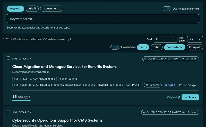 Tracbi Discover: solicitations from SAM.gov and state and local portals ranked by Fit, led by a VA cloud migration notice scoring 95, Strong fit, with its solicitation number, NAICS code, set-aside and due date.